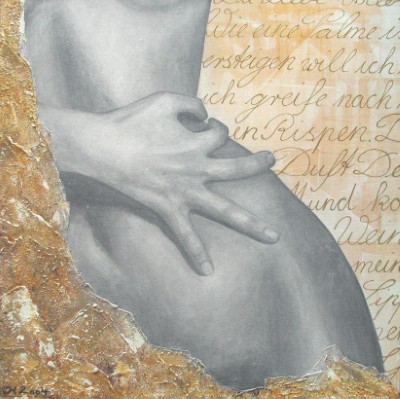 Acrylbild einer weiblichen Figur vor goldenen Zeilen aus dem biblischen Hohelied als Lobpreis der Liebe